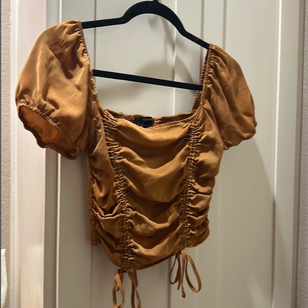 Forever 21 Tan Puff Sleeve Ruched Blouse
